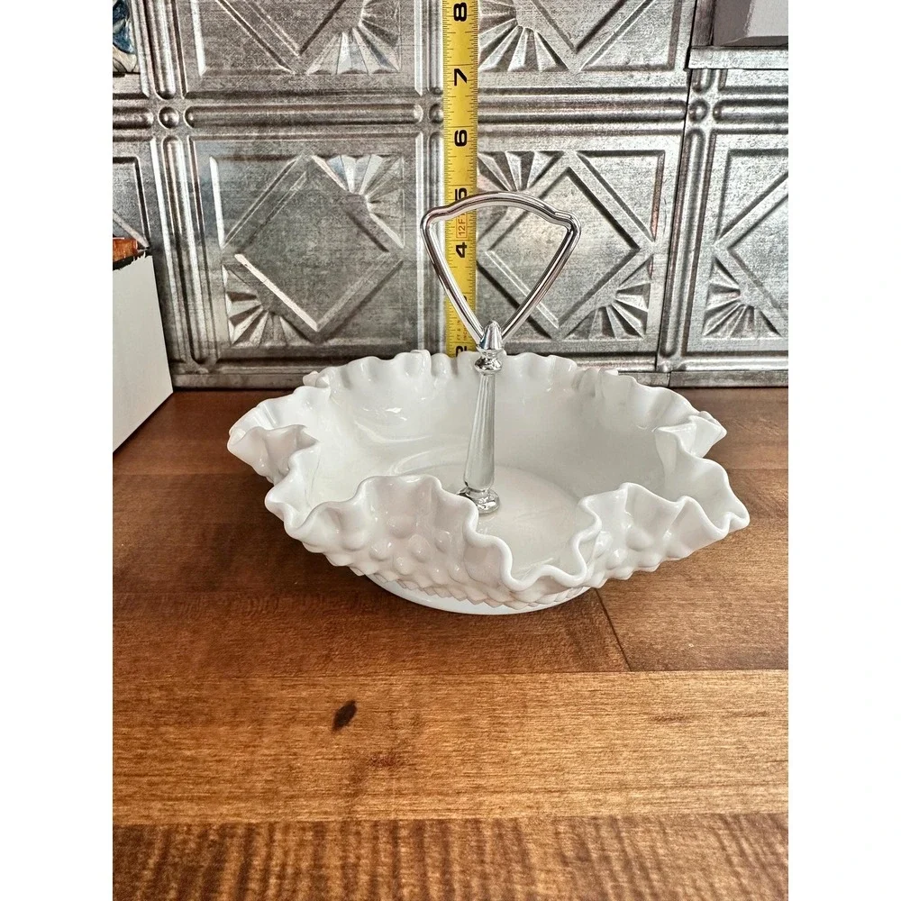 Vintage Fenton white milk glass ruffled edge hobnail silver handled‎ candy dish